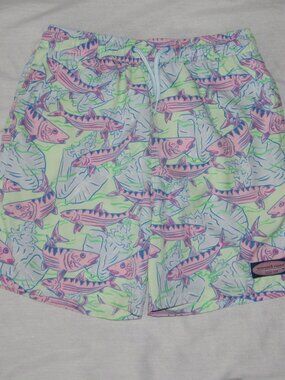 Vineyard Vines Swim Trunks Boys Size M 12/14 Green Blue Pink Fish Print Vacation